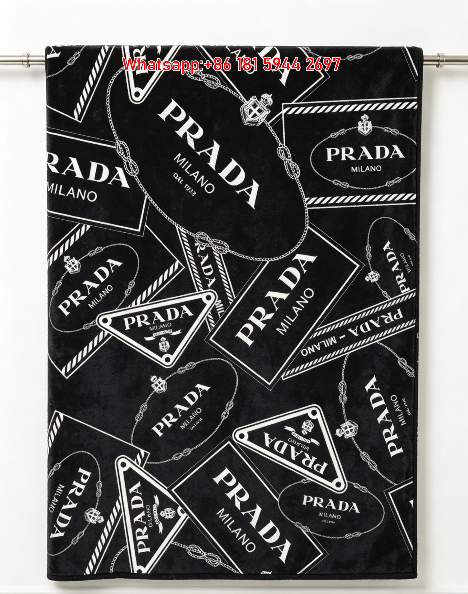 Prada Black and White All Over Logo Print Flannel Throw Blanket IMG_2785